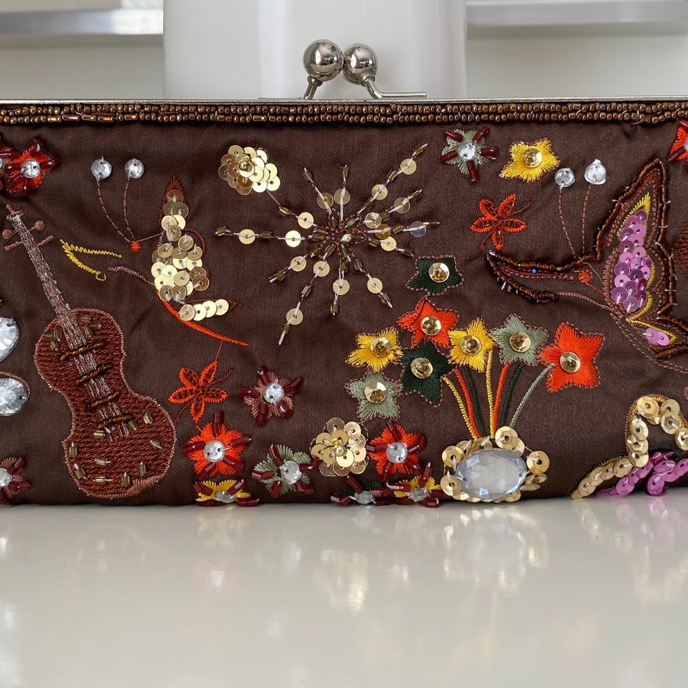 Embroidered and Sequinned Brown Clutch